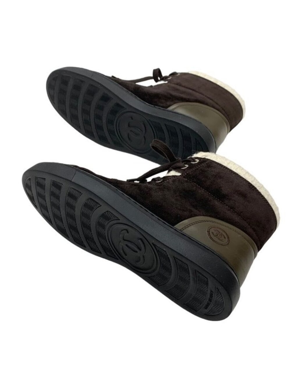 Chanel Sneakers Shoes Suede Leather Brown White High Cut Coco Mark - Picture 6 of 9